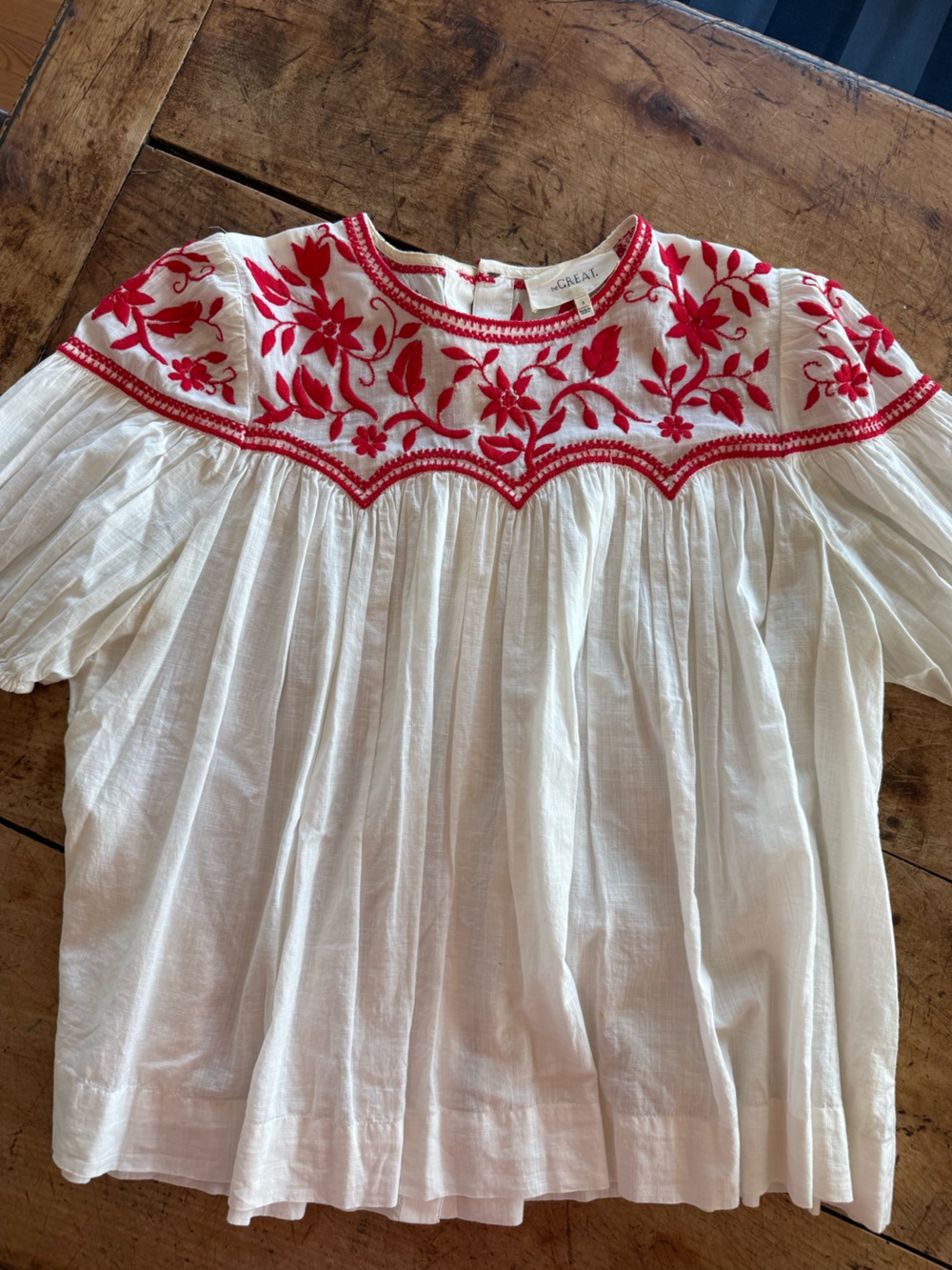 The Great’s Women’s White Top with Red Floral Embroidery